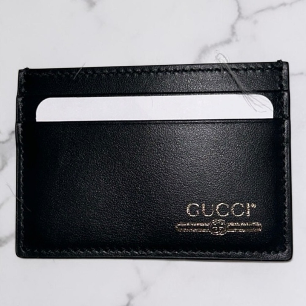 Authentic Gucci Black Leather Card Holder Slim Wallet Gold Logo Minimalist EUC